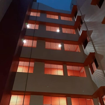 A modern building at dusk